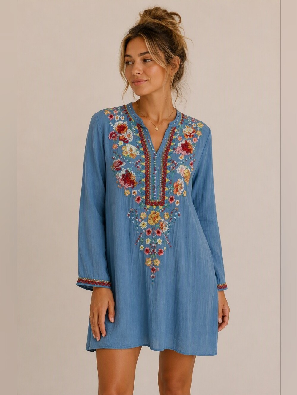 Johnny Was Sky Blue Embroidered Floral Tunic